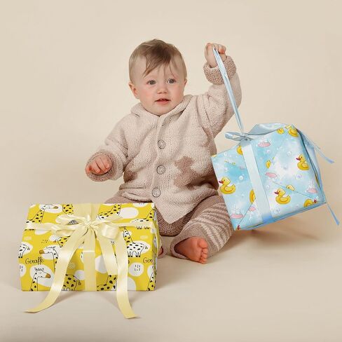 WRAPLULU Blue Baby Shower Wrapping Paper - 4 Jumbo Sheets, 28 * 40 Inches - Rubber Duck Gift Wrap with Soap Bubbles, Perfect for Boys Girls, Birthday, Newborn, Gender Reveal in Kuwait