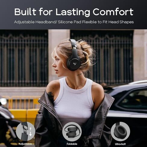 سماعات رأس بلوتوث DOQAUS فوق الأذن، سماعات رأس لاسلكية وقت تشغيل 52 ساعة مع 3 أوضاع EQ، سماعات رأس ستيريو هاي فاي عازلة للضوضاء مع صوت جهير عميق، ميكروفون، وسادات أذن ناعمة للهاتف المحمول/الكمبيوتر الشخصي (أسود) in Kuwait