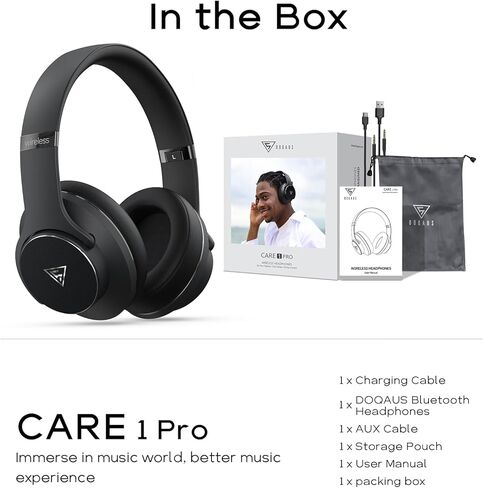 سماعات رأس بلوتوث DOQAUS فوق الأذن، سماعات رأس لاسلكية وقت تشغيل 52 ساعة مع 3 أوضاع EQ، سماعات رأس ستيريو هاي فاي عازلة للضوضاء مع صوت جهير عميق، ميكروفون، وسادات أذن ناعمة للهاتف المحمول/الكمبيوتر الشخصي (أسود) in Kuwait