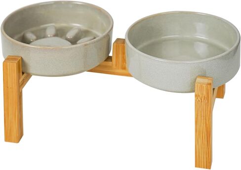 Elevated Slow Feeder Ceramic Dog Bowls Set for Meduim Size, Raised 2.7" Height, Cute Paw Slow Feeding Food Bowl and Water Bowl with Stand for Medium Breed, Size 6.3" Dx2 H, Non Slip, Grey in Kuwait