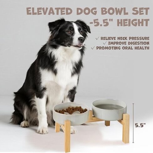 Elevated Slow Feeder Ceramic Dog Bowls Set for Meduim Size, Raised 2.7" Height, Cute Paw Slow Feeding Food Bowl and Water Bowl with Stand for Medium Breed, Size 6.3" Dx2 H, Non Slip, Grey in Kuwait