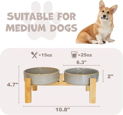 Elevated Slow Feeder Ceramic Dog Bowls Set for Meduim Size, Raised 2.7" Height, Cute Paw Slow Feeding Food Bowl and Water Bowl with Stand for Medium Breed, Size 6.3" Dx2 H, Non Slip, Grey in Kuwait