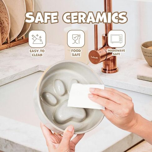 Elevated Slow Feeder Ceramic Dog Bowls Set for Meduim Size, Raised 2.7" Height, Cute Paw Slow Feeding Food Bowl and Water Bowl with Stand for Medium Breed, Size 6.3" Dx2 H, Non Slip, Grey in Kuwait