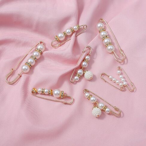 8 Pcs Fashion Pearl Brooch, Safety Pins for Clothing Dress pants skirt Cardigan Collar, Faux Crystal Pearl Brooches Set Suitable for a Variety of Occasions to Wear (White) in Saudi Arabia