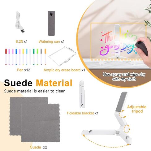 لوحة ملاحظة LED مع ألوان ، 11.8 × 7.9 "لوحة محو أكريليك الجاف مع الضوء ، لوحة المذكرة الإضاءة الأكريليك مع حامل قابل للتعديل ، لوحة مذكرات الإضاءة LED مع 12 قلم لمدرسة Office School in Kuwait