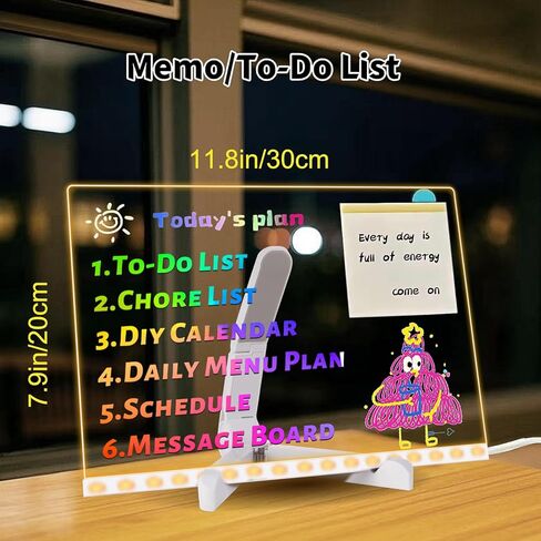 لوحة ملاحظة LED مع ألوان ، 11.8 × 7.9 "لوحة محو أكريليك الجاف مع الضوء ، لوحة المذكرة الإضاءة الأكريليك مع حامل قابل للتعديل ، لوحة مذكرات الإضاءة LED مع 12 قلم لمدرسة Office School in Kuwait