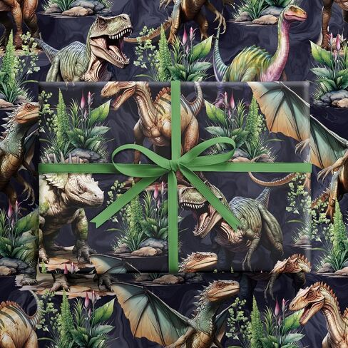 RUSPEPA Dinosaur Wrapping Paper Roll, Mini Roll, Realistic Dinosaur and Plants Design, Forest T-Rex Themed Gift Wrap for Boys and Dinosaur Lovers, 17 Inches x 16.4 Feet in Saudi Arabia
