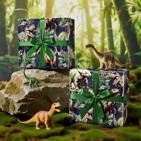 RUSPEPA Dinosaur Wrapping Paper Roll, Mini Roll, Realistic Dinosaur and Plants Design, Forest T-Rex Themed Gift Wrap for Boys and Dinosaur Lovers, 17 Inches x 16.4 Feet in Saudi Arabia