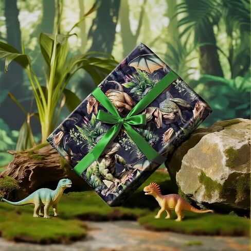 RUSPEPA Dinosaur Wrapping Paper Roll, Mini Roll, Realistic Dinosaur and Plants Design, Forest T-Rex Themed Gift Wrap for Boys and Dinosaur Lovers, 17 Inches x 16.4 Feet in Saudi Arabia