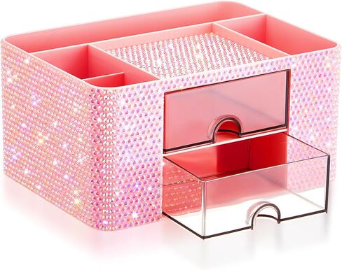 Pink Bling Desk Organizer مع 2 درج ، منظم مكياج سباركلي لـ Vanity ، وملحقات مكتب Girly ، وحامل القلم Rhinestone ، وارفع مساحة عملك مع Pink Serenity (Diamond) in Saudi Arabia