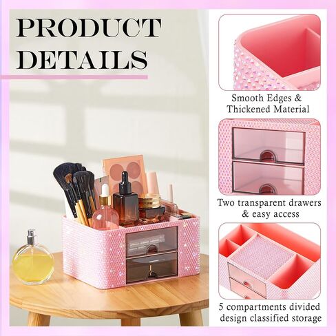 Pink Bling Desk Organizer مع 2 درج ، منظم مكياج سباركلي لـ Vanity ، وملحقات مكتب Girly ، وحامل القلم Rhinestone ، وارفع مساحة عملك مع Pink Serenity (Diamond) in Saudi Arabia