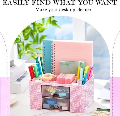 Pink Bling Desk Organizer مع 2 درج ، منظم مكياج سباركلي لـ Vanity ، وملحقات مكتب Girly ، وحامل القلم Rhinestone ، وارفع مساحة عملك مع Pink Serenity (Diamond) in Saudi Arabia
