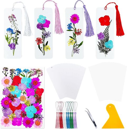 Cardstock Blank Bookmarks Set, 12 Pcs DIY White Craft Bookmarks for Pressed Flowers, Dried Floral Book Mark Making Kit with Pressed Flowers, Tassels, Book Marks for Dried Floral (Classic Style) in Saudi Arabia