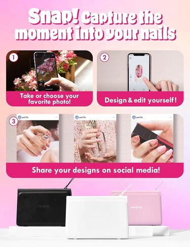 آلة طابعة Nailpop Nail Art - طابعة آلة تصميم الأظافر الرقمية التي تأتي مع 10 أوراق من ورق الملصقات الأظافر | آلة فن الأظافر اللاسلكية والأوتوماتيكية | تصميم غير محدود وملاحة سهلة (وردي) in Saudi Arabia