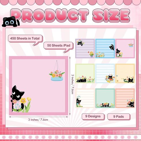 Pajean 9 Pads Cat Sticky Notes Set 450 Sheets Black Cat Stationery Cute Sticky Notes Notepads Funny Flower Plant Writing Memo Pads Animal Lover Gifts for Office School Supplies Desk Accessories Decor in Saudi Arabia
