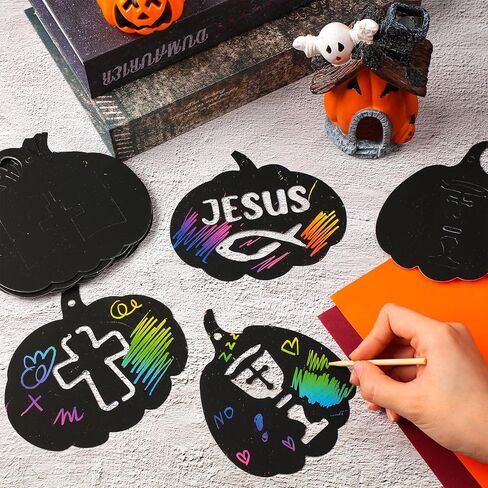 Jenaai 36 PCS Halloween Christian Scratch Paper Kit for Kids Fall Deed Dender Paper Paper Craft School School Craft Craft of Rainbow Pumpkins Scratch Craft for Kids DIY Party الحلي ديكور in Saudi Arabia
