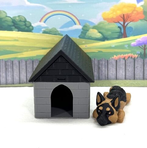 3D Printed Dog with Dog House, Articulated German Shepherd Puppy Animal, Man's Best Friend, Office and Home Decor - AD-SET3 (Dog with Blue and Black House) in Saudi Arabia