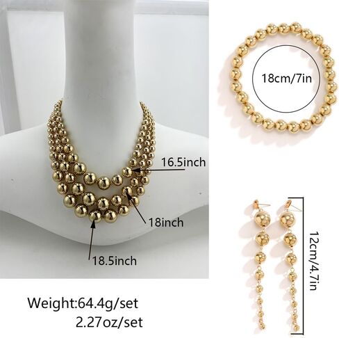 YBMYCM Gold Beaded Jewelry Set Chunky Multi Strands Choker Necklace Bracelet Earrings Set for Women Girls in Saudi Arabia
