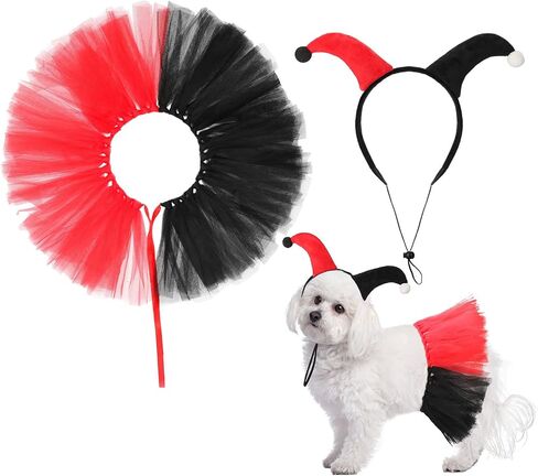 2 PCS Halloween Dog Clown Assume مجموعة صغيرة من أزياء الأزياء للحيوانات الأليفة الكلب الصغير الأسود تنورة حمراء الرأس لقطط الجرو هالوين تأثيري ملابس الحفلات in Kuwait