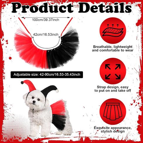 2 PCS Halloween Dog Clown Assume مجموعة صغيرة من أزياء الأزياء للحيوانات الأليفة الكلب الصغير الأسود تنورة حمراء الرأس لقطط الجرو هالوين تأثيري ملابس الحفلات in Kuwait