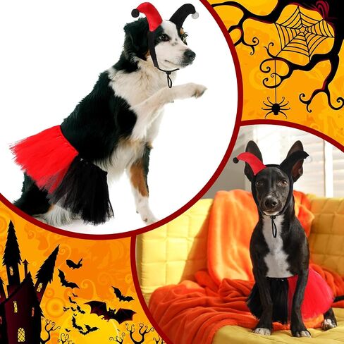 2 PCS Halloween Dog Clown Assume مجموعة صغيرة من أزياء الأزياء للحيوانات الأليفة الكلب الصغير الأسود تنورة حمراء الرأس لقطط الجرو هالوين تأثيري ملابس الحفلات in Kuwait