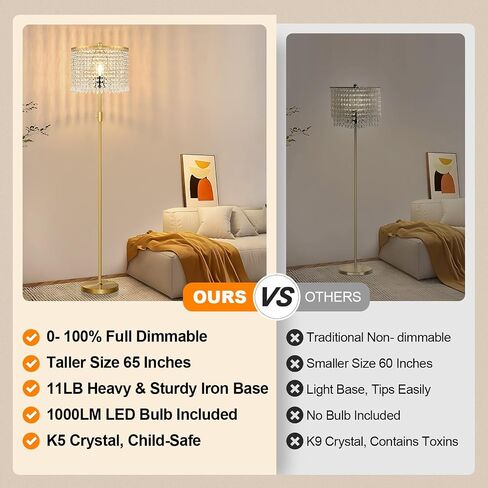 【Upgraded】 Floor Lamps for Living Room, 1000LM LED Bulb Included, Dimmable Standing Lamp with Crystal Lampshade, Tall Silver Pole Light for Bedroom Nursery Office Corner Reading in Saudi Arabia