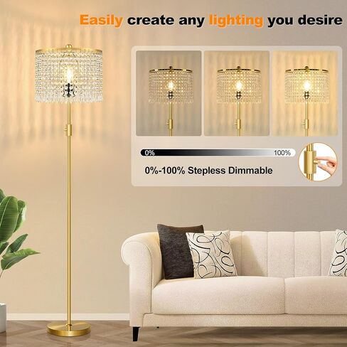 【Upgraded】 Floor Lamps for Living Room, 1000LM LED Bulb Included, Dimmable Standing Lamp with Crystal Lampshade, Tall Silver Pole Light for Bedroom Nursery Office Corner Reading in Saudi Arabia
