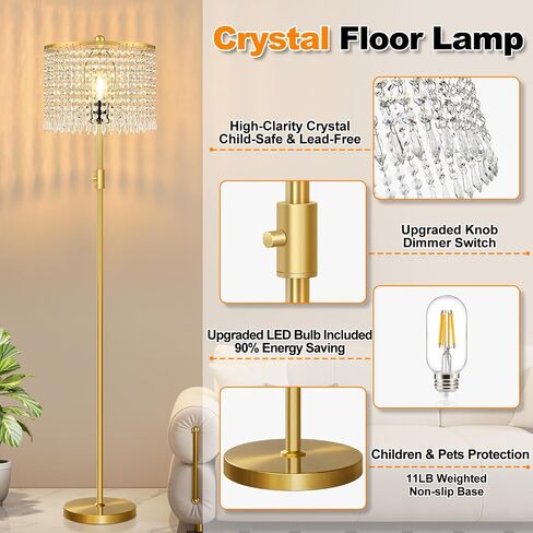 【Upgraded】 Floor Lamps for Living Room, 1000LM LED Bulb Included, Dimmable Standing Lamp with Crystal Lampshade, Tall Silver Pole Light for Bedroom Nursery Office Corner Reading in Saudi Arabia