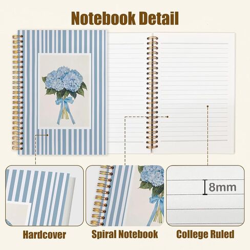 Likjad Blue Hydrangea Floral Spiral Notebook Journal 5.5x8.3, Coquette Bow Hydrangea Flower Striped Journals for Writing, Blue Office Supplies, Floral Hardcover Notebooks for Note Taking in Saudi Arabia