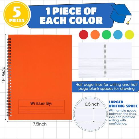Henoyso 10 Pcs 100/50 Sheets Primary Composition Notebook K-2 Bulk Spiral Primary Journal Drawing Handwriting Practice for Kids Kindergarten 1st 2nd Back to School Supplies (Bright Color,50 Sheets) in Saudi Arabia