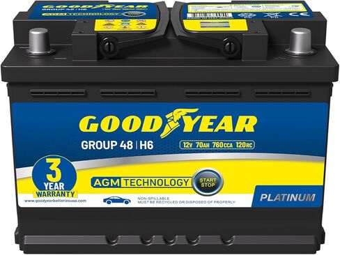 Goodyear 48-H6-AGM BCI Group Size 48 12V 70 AH, 120RC, 760 CCA Platinum series Rechargeable AGM Maintenance Free Automotive Battery in Saudi Arabia