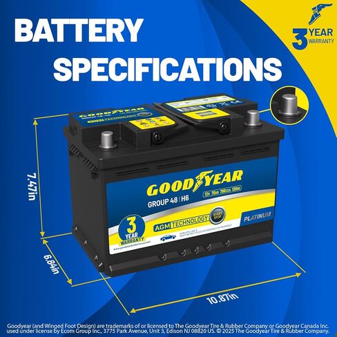Goodyear 48-H6-AGM BCI Group Size 48 12V 70 AH, 120RC, 760 CCA Platinum series Rechargeable AGM Maintenance Free Automotive Battery in Saudi Arabia