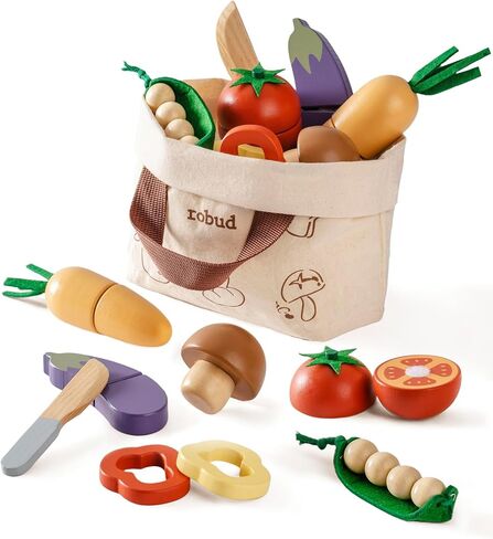 ROBUD Wooden Toy Food Set, Cutting Play Food for Kids Kitchen Accessories Pretend Toy Food Playset with Storage Bag, Toys Gifts for Girls Boys Age 3+, Vegetable Set in Saudi Arabia