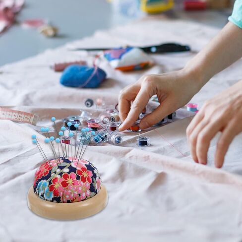 Pin Cushion for Sewing Wooden Base Needle Pincushions Japanese Style Round Cute Pin Cushion Fit Sewing Needles Holders or DIY Crafts Women 2.76× 1.57 Inch Navy Blue with Cherry Blossom in Saudi Arabia