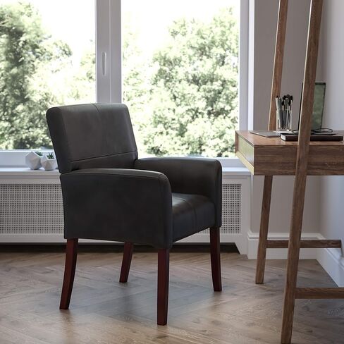 EMMA + OLIVER Black LeatherSoft Executive Side Reception Chair with Mahogany Legs in Kuwait