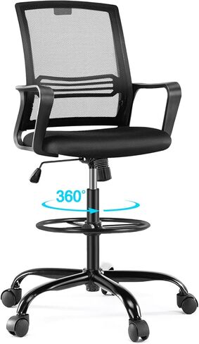 AFO Tall Drafting Chair with Adjustable Foot Ring, Ergonomic Lumbar Support and Comfortable Armrest, High Resilience Sponge, Breathable Mesh Cloth, 360 Degree Swivel Rolling for Standing Desk, Black in Kuwait