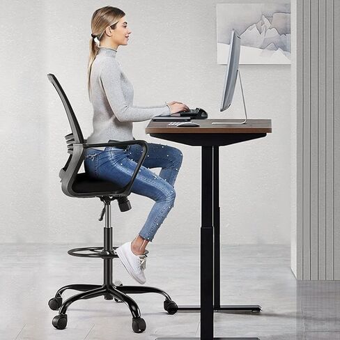 AFO Tall Drafting Chair with Adjustable Foot Ring, Ergonomic Lumbar Support and Comfortable Armrest, High Resilience Sponge, Breathable Mesh Cloth, 360 Degree Swivel Rolling for Standing Desk, Black in Kuwait