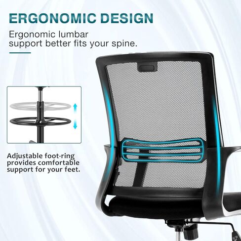 AFO Tall Drafting Chair with Adjustable Foot Ring, Ergonomic Lumbar Support and Comfortable Armrest, High Resilience Sponge, Breathable Mesh Cloth, 360 Degree Swivel Rolling for Standing Desk, Black in Kuwait