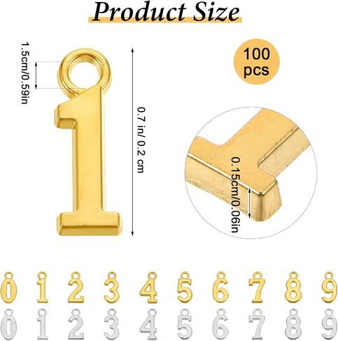 100PCS Metal 0-9 Number Charm Pendants for DIY Craft Keychain Bracelet Necklace Earring Jewelry Making (Gold, Silver) in Saudi Arabia