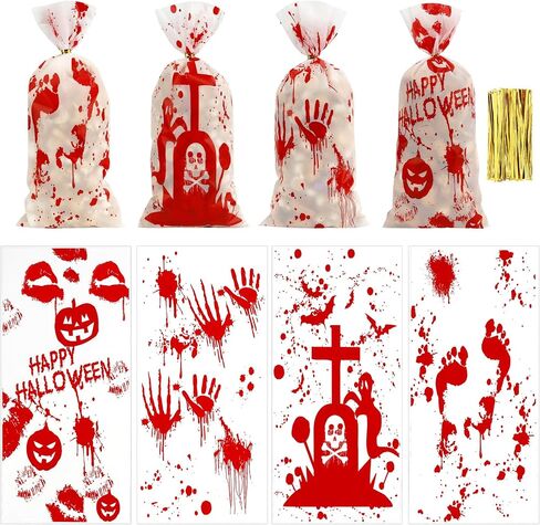 100 PCS Halloween Cellophane Treat Bags(5x11 Inch) with Ties Horror Ghost Blood Theme Trick or Treat Bag Goodie Candy Gifts Bags Pouches for Halloween Wicked Party Favors Supplies Birthday Decorations in Kuwait