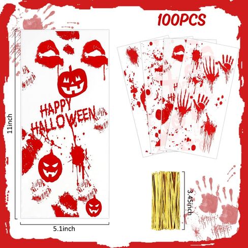 100 PCS Halloween Cellophane Treat Bags(5x11 Inch) with Ties Horror Ghost Blood Theme Trick or Treat Bag Goodie Candy Gifts Bags Pouches for Halloween Wicked Party Favors Supplies Birthday Decorations in Kuwait