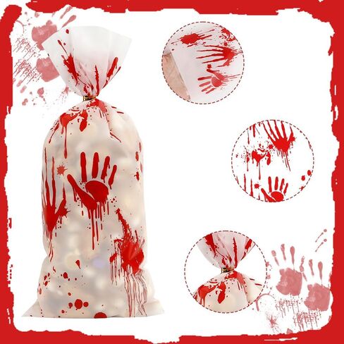 100 PCS Halloween Cellophane Treat Bags(5x11 Inch) with Ties Horror Ghost Blood Theme Trick or Treat Bag Goodie Candy Gifts Bags Pouches for Halloween Wicked Party Favors Supplies Birthday Decorations in Kuwait