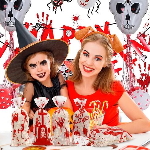 100 PCS Halloween Cellophane Treat Bags(5x11 Inch) with Ties Horror Ghost Blood Theme Trick or Treat Bag Goodie Candy Gifts Bags Pouches for Halloween Wicked Party Favors Supplies Birthday Decorations in Kuwait