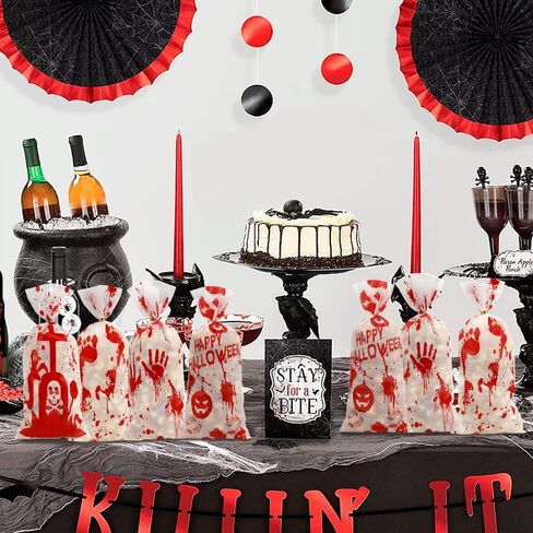 100 PCS Halloween Cellophane Treat Bags(5x11 Inch) with Ties Horror Ghost Blood Theme Trick or Treat Bag Goodie Candy Gifts Bags Pouches for Halloween Wicked Party Favors Supplies Birthday Decorations in Kuwait