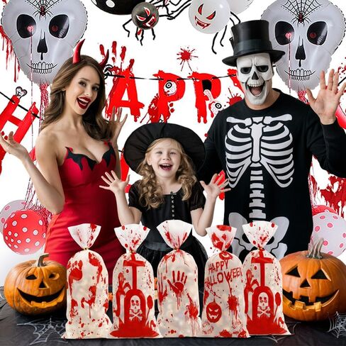 100 PCS Halloween Cellophane Treat Bags(5x11 Inch) with Ties Horror Ghost Blood Theme Trick or Treat Bag Goodie Candy Gifts Bags Pouches for Halloween Wicked Party Favors Supplies Birthday Decorations in Kuwait