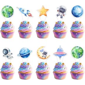 27pcs Space Space Artherse Cupcake Toppers - Rocket Planet Trip to the Moon Cupcake تختار الزخارف ، استحمام الطفل الفتاة ، عيد ميلاد الفضاء الخارجي لحفل الديكور ، اللوازم （Pink） in Kuwait