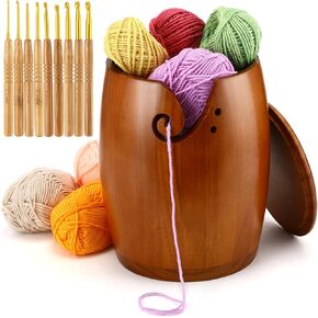Giegxin Large Wooden Yarn Bowl with Lid 7 x7 x9 Yarn Holder for Knitting Craft Pine Wool Storage with 9 Pcs Crochet Hooks Handmade Crochet Kit Organizer Accessories for Ribbon String in Kuwait