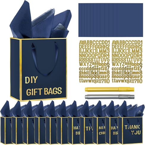 12 Pack DIY Metallic Paper ، شكرًا لك أكياس هدايا مع مقابض ، ورق الأنسجة وأقلام الطلاء ، 9 "x7" x3 "5 أكياس هدايا مع ملصقات له وله ، مناسبة لأعياد الميلاد وحفلات الزفاف والاستحمام الصغير والعطلات وغيرها من المناسبات (الأزرق البحري ، الذهب) in Kuwait