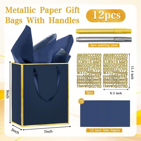 12 Pack DIY Metallic Paper ، شكرًا لك أكياس هدايا مع مقابض ، ورق الأنسجة وأقلام الطلاء ، 9 "x7" x3 "5 أكياس هدايا مع ملصقات له وله ، مناسبة لأعياد الميلاد وحفلات الزفاف والاستحمام الصغير والعطلات وغيرها من المناسبات (الأزرق البحري ، الذهب) in Kuwait