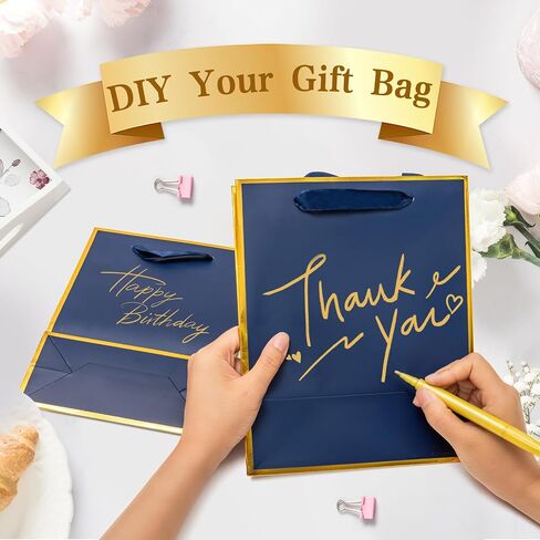 12 Pack DIY Metallic Paper ، شكرًا لك أكياس هدايا مع مقابض ، ورق الأنسجة وأقلام الطلاء ، 9 "x7" x3 "5 أكياس هدايا مع ملصقات له وله ، مناسبة لأعياد الميلاد وحفلات الزفاف والاستحمام الصغير والعطلات وغيرها من المناسبات (الأزرق البحري ، الذهب) in Kuwait